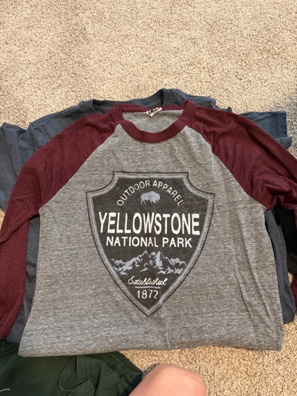 Yellowstone National Park Raglan Long Sleeve Tee - Gray & Maroon